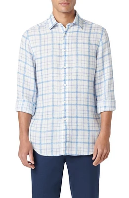 Bugatchi Julian Shaped Fit Plaid Linen Button-Up Shirt Classic Blue at Nordstrom,