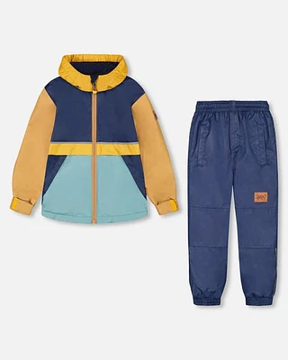 Deux Par Deux Little Boy's Two Piece Hooded Coat And Pant Mid-Season Set Colorblock Navy, Blue And Yellow at Nordstrom, Size 2T