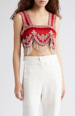 Bode Amrita Beaded Fringe Crop Top Red at Nordstrom,