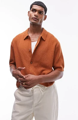 Topman Textured Button-Up Cardigan Shirt Brown at Nordstrom,