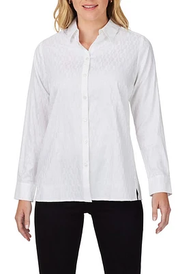 Foxcroft Journey Jacquard Check Cotton Blend Button-Up Shirt White at Nordstrom,