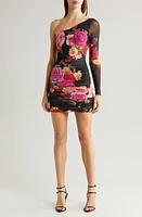 AFRM Lula Ruched Long Sleeve Minidress Noir Rose Swirl at Nordstrom,