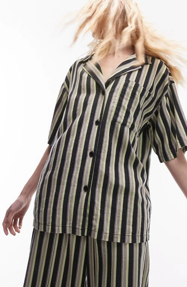 Topshop Oversize Stripe Linen Blend Camp Shirt Black Multi at Nordstrom, Us