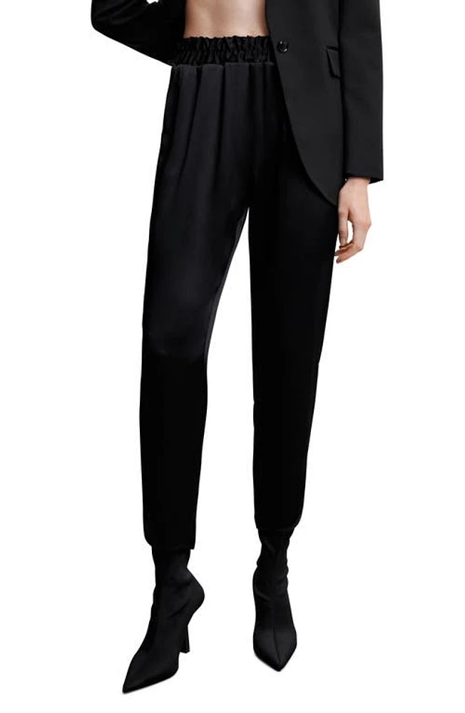 MANGO Elastic Waist Satin Straight Leg Pants in Black at Nordstrom, Size X-Small