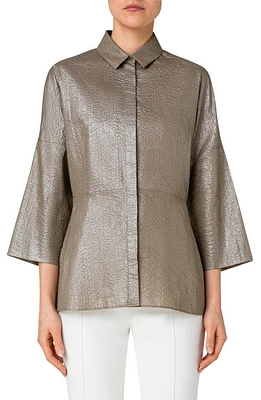 Akris punto Metallic Coated Cotton Seersucker Blouse 158 Khaki at Nordstrom,