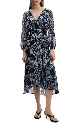 MANGO Floral Tie Waist Long Sleeve Midi Dress Black at Nordstrom,