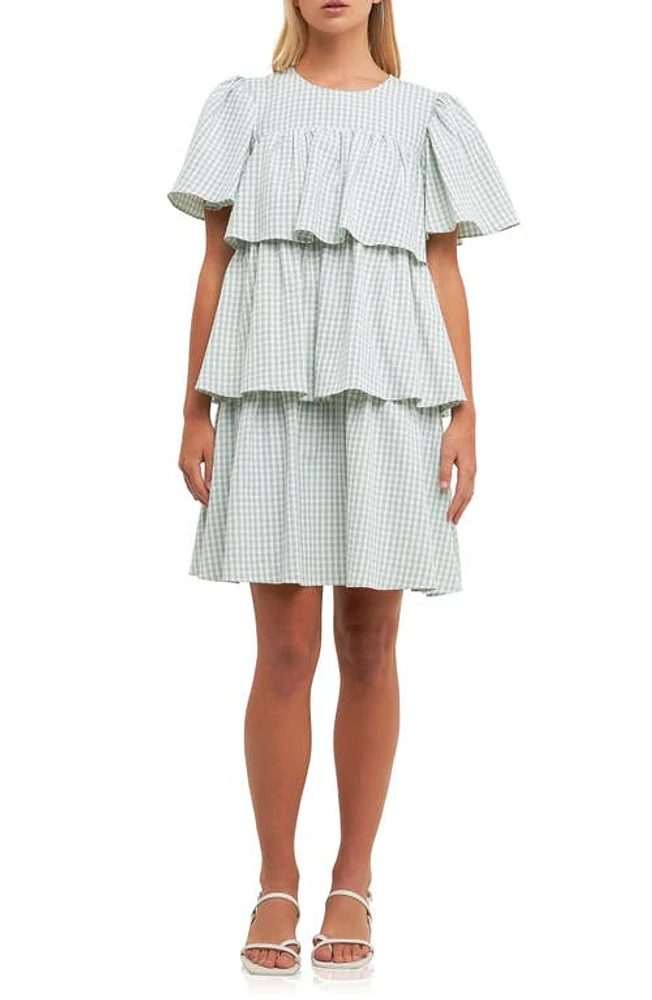 English Factory Gingham Print Tiered Dress Green/White at Nordstrom,