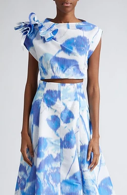 Lela Rose Floral Ruffle Detail Crop Top White/Blue at Nordstrom,