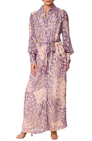 CIEBON Beverly Metallic Tie Waist Long Sleeve Maxi Shirtdress in Purple at Nordstrom, Size X-Small