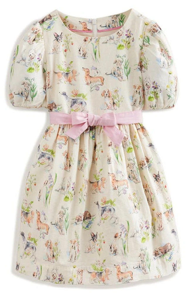 Mini Boden Kids' Pup Print Puff Sleeve Cotton & Linen Dress Ivory Painted Puppies at Nordstrom,