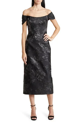 Amsale Floral Off the Shoulder Brocade Cocktail Dress in Black at Nordstrom, Size 0