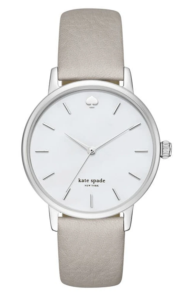 Kate Spade New York 'metro' round leather strap watch, 34mm in Grey/Mother Of Pearl at Nordstrom