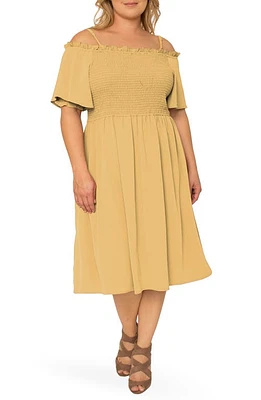 Standards & Practices Gabi Cold Shoulder Smocked Midi Dress Pale Banana at Nordstrom,