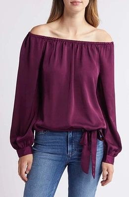 Vince Camuto Off the Shoulder Satin Tie Hem Top Pickled Beet at Nordstrom,