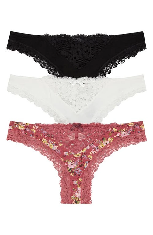 Honeydew Intimates 3-Pack Willow Thongs in Black/Macrame/Brandy Bouquet at Nordstrom, Size X-Large