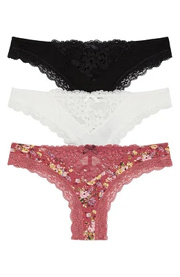 Honeydew Intimates 3-Pack Willow Thongs in Black/Macrame/Brandy Bouquet at Nordstrom, Size X-Large