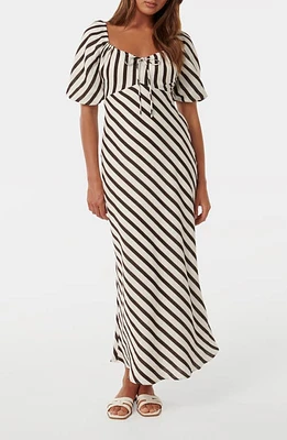 Ever New Angela Stripe Short Sleeve Linen Midi Dress Chocolate Royston at Nordstrom,