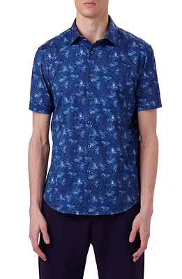 Bugatchi Miles OoohCotton Leaf Print Short Sleeve Button-Up Shirt Night Blue at Nordstrom,