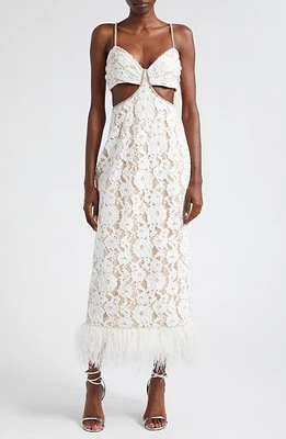 LIKELY Sarah Cutout Lace Feather Trim Maxi Dress White at Nordstrom,