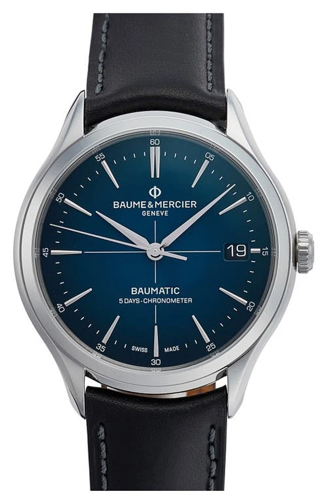 Baume & Mercier Clifton Baumatic Leather Strap Watch, 40mm in Gradient Blue at Nordstrom