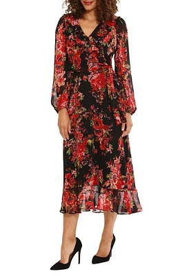 Maggy London Floral Long Sleeve Tiered Faux Wrap Midi Dress Black/Red at Nordstrom,