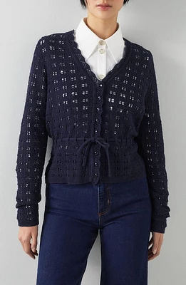 LK Bennett Amie Tie Waist Crochet Cardigan in Navy at Nordstrom, Size Small