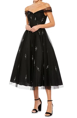 Mac Duggal Off the Shoulder Beaded Chiffon Midi Dress Black at Nordstrom,