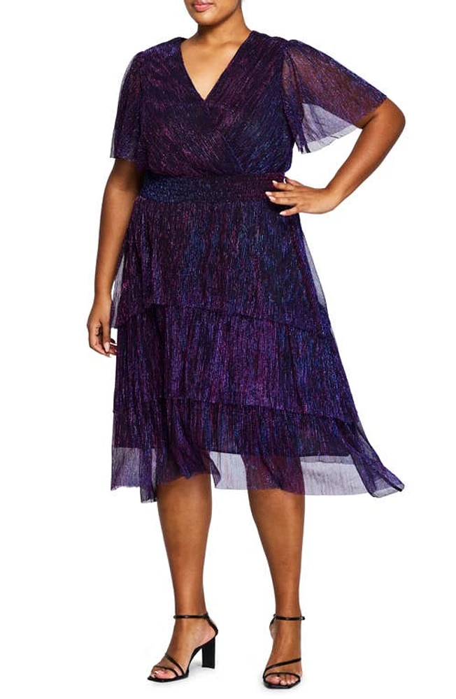 Estelle Glitterland Shimmer Plissé Midi Dress Navy/Ultraviolet at Nordstrom,