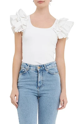 English Factory Ruffle Sleeve Rib Top in White at Nordstrom, Size X-Small