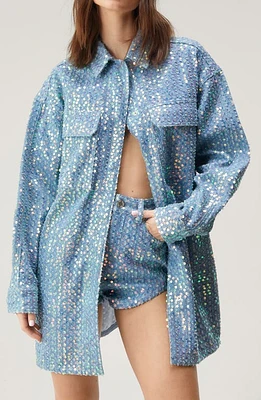 NASTY GAL Sequin Denim Oversize Snap-Up Shirt Light Wash at Nordstrom,