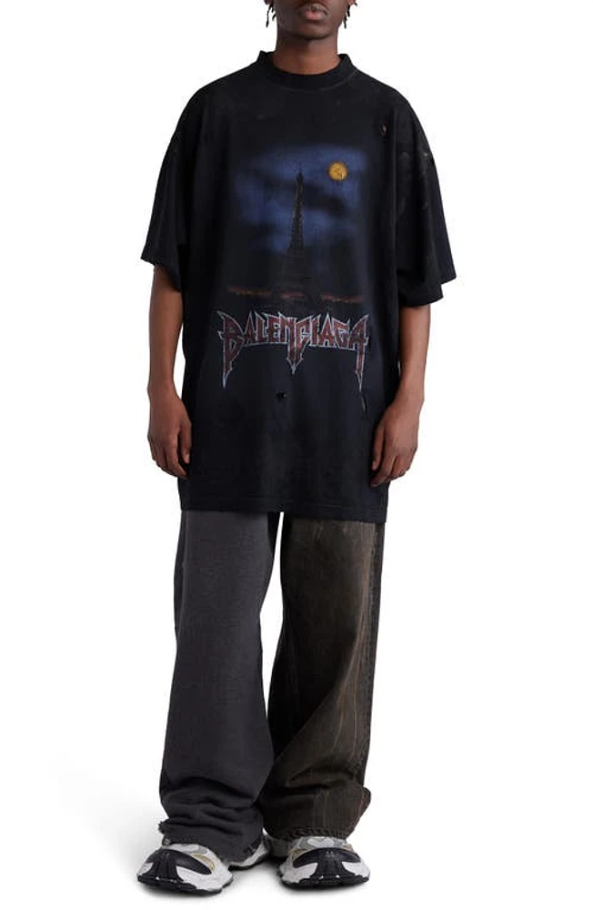 Balenciaga Paris Moon Oversize Distressed Cotton Graphic T-Shirt Black at Nordstrom,