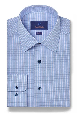 David Donahue Trim Fit Dobby Check Dress Shirt Sky at Nordstrom,