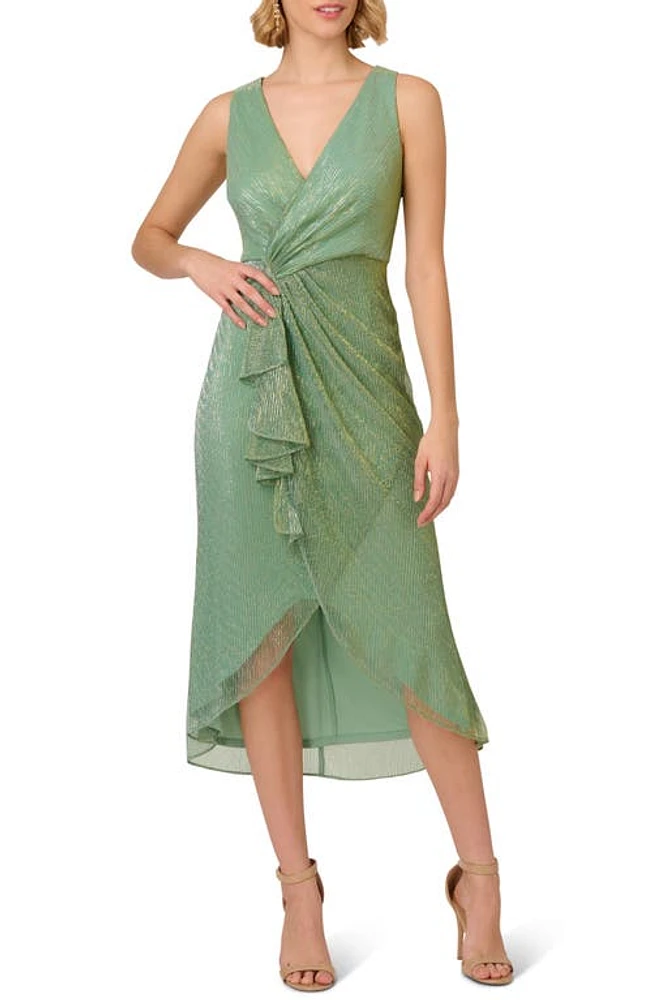 Adrianna Papell Nailhead Metallic Crinkle Plissé Midi Dress Green Slate at Nordstrom,