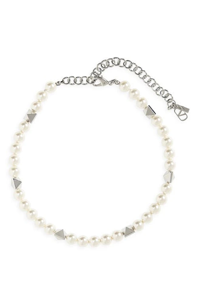 Valentino Garavani Men's VLOGO Rockstud & Imitation Pearl Choker Necklace in 6Ru-Palladium/Cream at Nordstrom