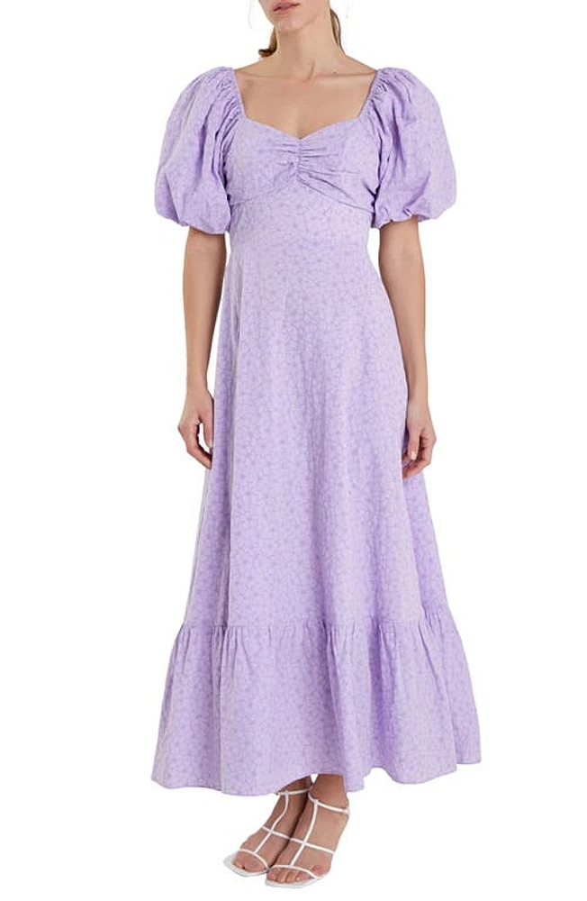 English Factory Floral Puff Sleeve Tie Back Maxi Dress Lilac at Nordstrom,