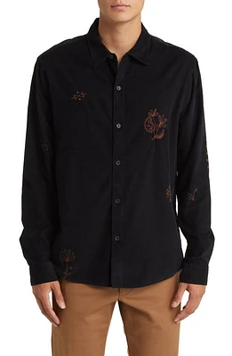 Wax London Trin Embroidered Corduroy Button-Up Shirt Black Market Stitch at Nordstrom,