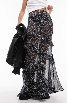 Topshop Floral Ruffle Sheer Maxi Skirt Black Multi at Nordstrom, Us