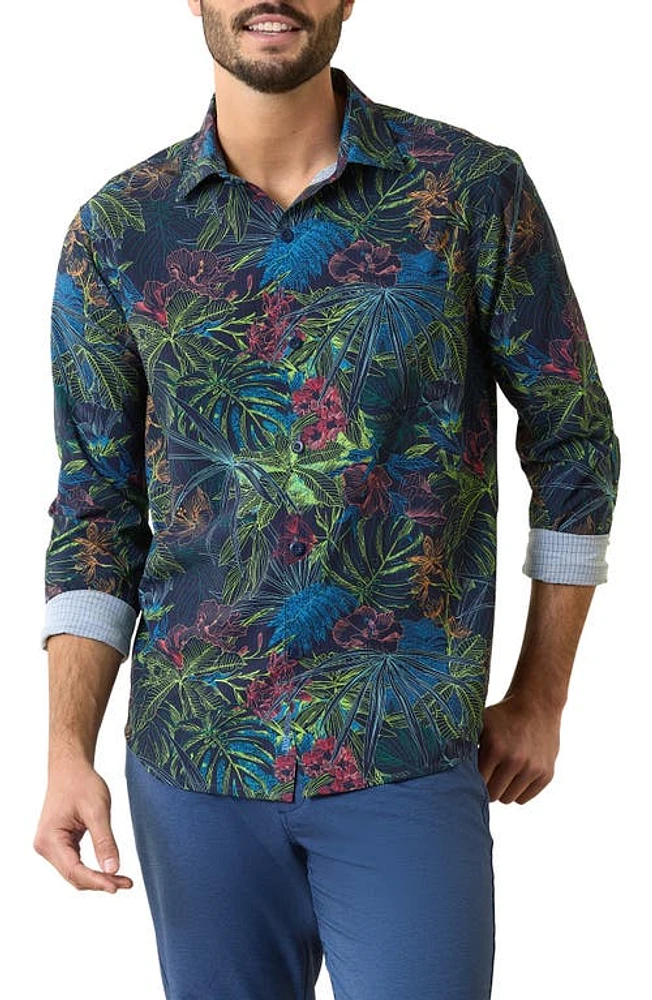 Tommy Bahama Bahama Coast IslandZone Glow Palms Floral Stretch Button-Up Shirt in Coastline at Nordstrom, Size Large