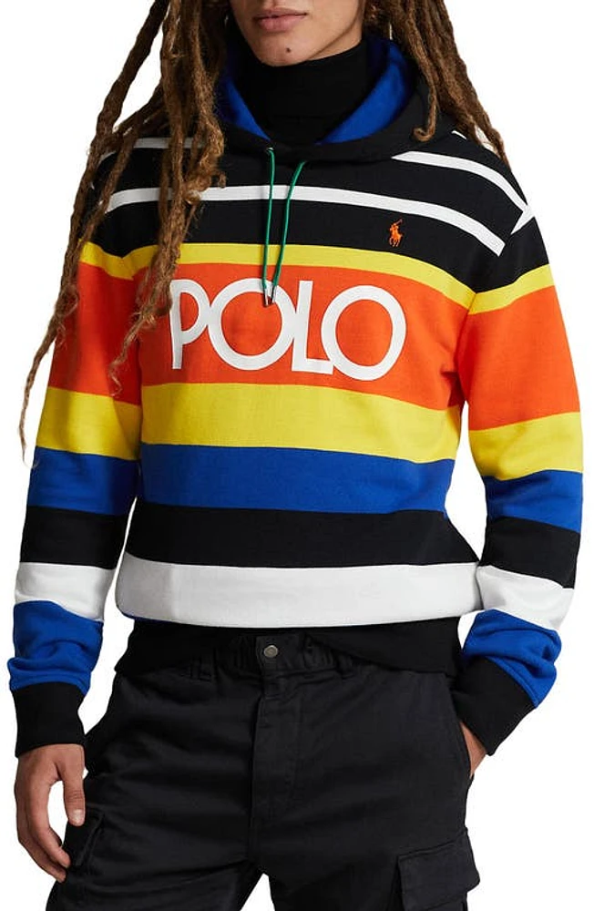 Polo Ralph Lauren Stripe Logo Fleece Graphic Hoodie Black Multi at Nordstrom,