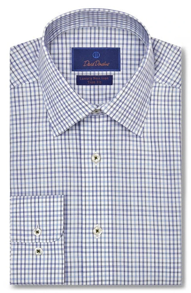 David Donahue Trim Fit Luxury Check Non-Iron Poplin Dress Shirt Sky/Olive at Nordstrom,