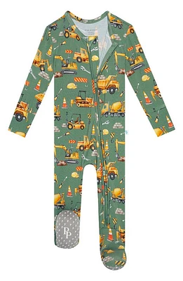 Posh Peanut Crawford Heavy Equipment Print Fitted Footie Pajamas Medium Green at Nordstrom,