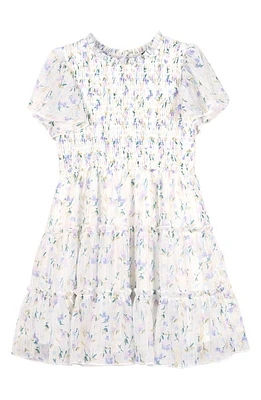 Zunie Kids' Metallic Floral Flutter Sleeve Smocked Bodice Party Dress Ivory/Lilac at Nordstrom,