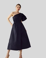 Cynthia Rowley COTTON ONE SHOULDER MIDI DRESS Navy at Nordstrom,