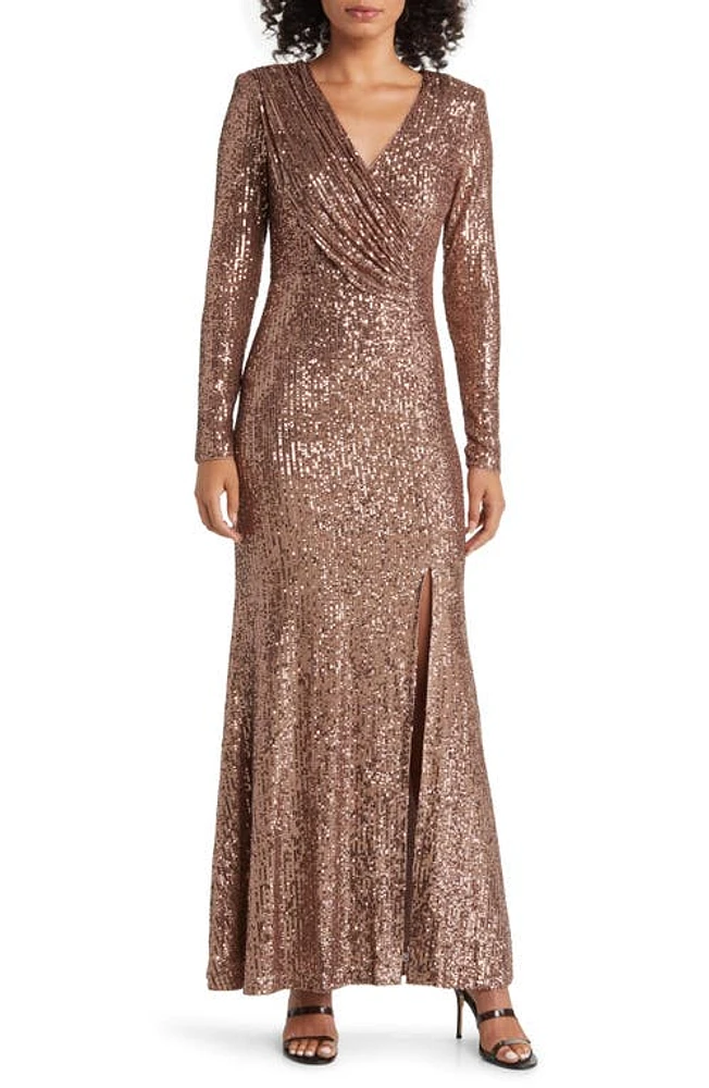 Eliza J Sequin Long Sleeve Gown Taupe at Nordstrom,