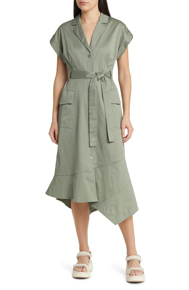 Du Paradis Tie Waist Asymmetric Hem Shirtdress Sea Green at Nordstrom,