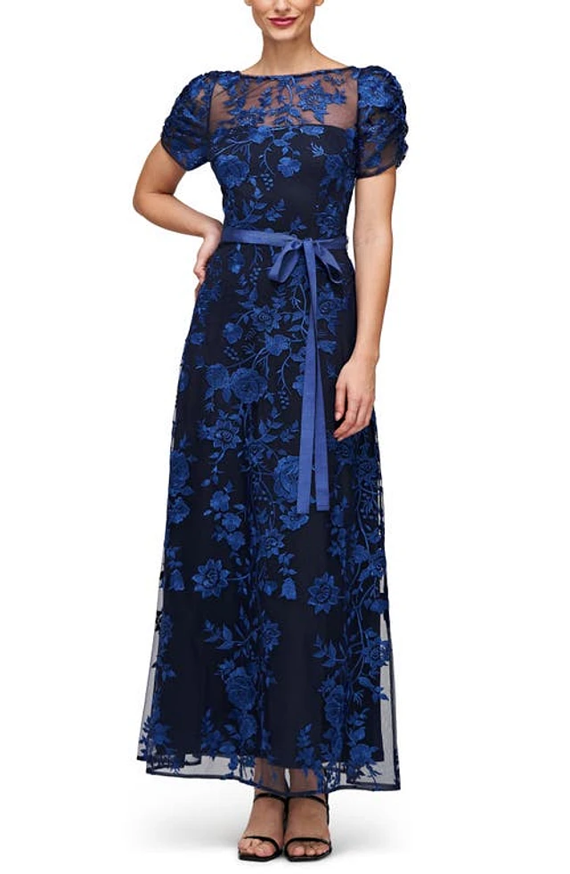 Nordstrom JS Collections Sarah Floral Embroidered Tie Belt Gown Navy/Indigo  at Nordstrom, | The Summit
