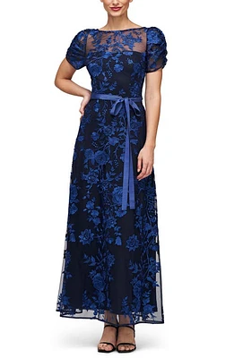 JS Collections Sarah Floral Embroidered Tie Belt Gown Navy/Indigo at Nordstrom,