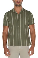 Liverpool Los Angeles Stripe Camp Shirt Olive Ivory at Nordstrom,