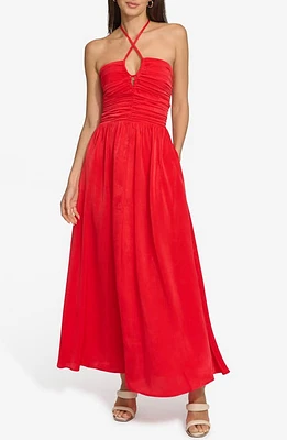 DKNY Ruched Halter Satin Maxi Dress Flame at Nordstrom,