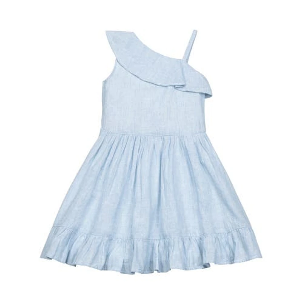 Hope & Henry Girls' Linen One Shoulder Flounce Dress with Ruffle Hem, Toddler in Chambray Blue Texture at Nordstrom